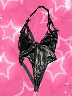 Dreamgirl Black Faux Leather Zip Front Teddy Bodysuit OS Queen Plus 12225X
